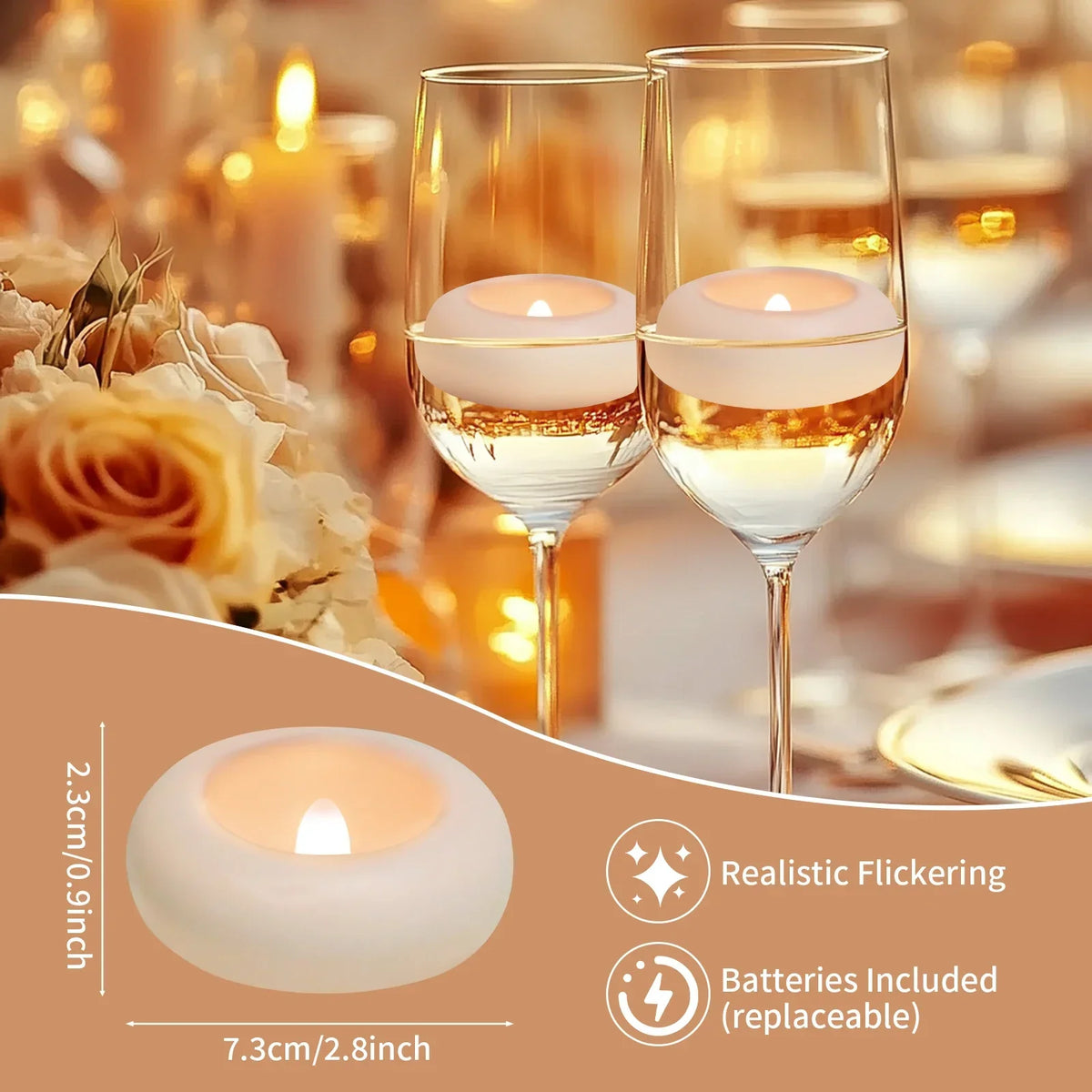 A set of realistic flickering LED floating candles in glass holders with batteries included