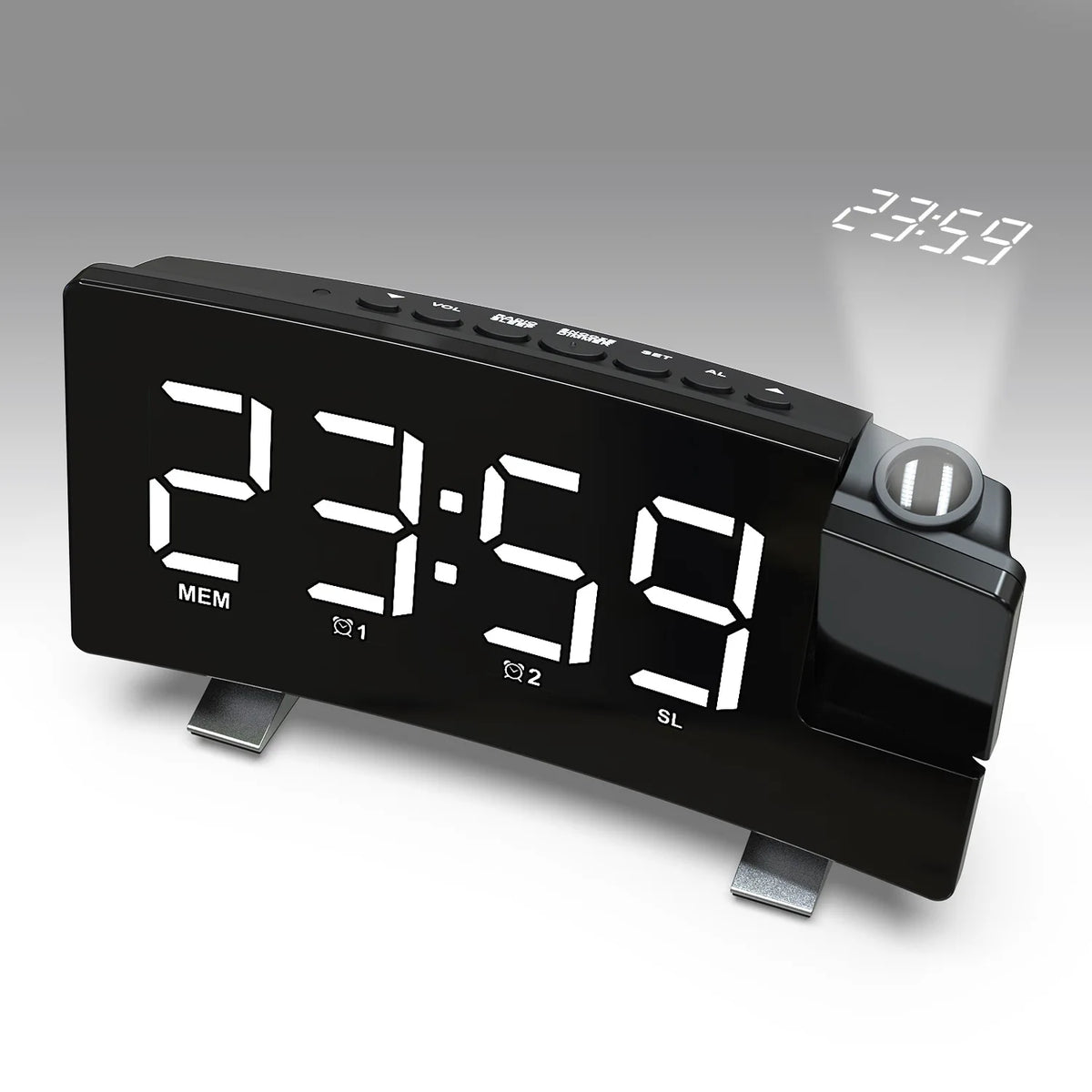 A black projection alarm clock with a large LED display showing 23:59 and various function buttons.