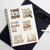 A page of motivational quote stickers featuring phrases like Time is Now and You are strong as hell.