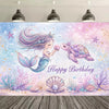 A vibrant watercolor backdrop featuring a mermaid, sparkling water, and pink and purple glitter for a birthday celebration.