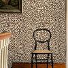 A vintage wooden chair is placed in front of a wall covered with retro leopard print wallpaper.