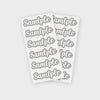 A sheet of white stickers with repeated gray text spelling out Sample, designed for personalization.