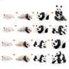 A set of realistic panda figurines showing different life cycle stages and variations in size and color.