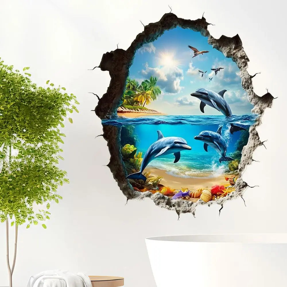 A mural of dolphins swimming in blue water framed by a cracked, textured wall effect.