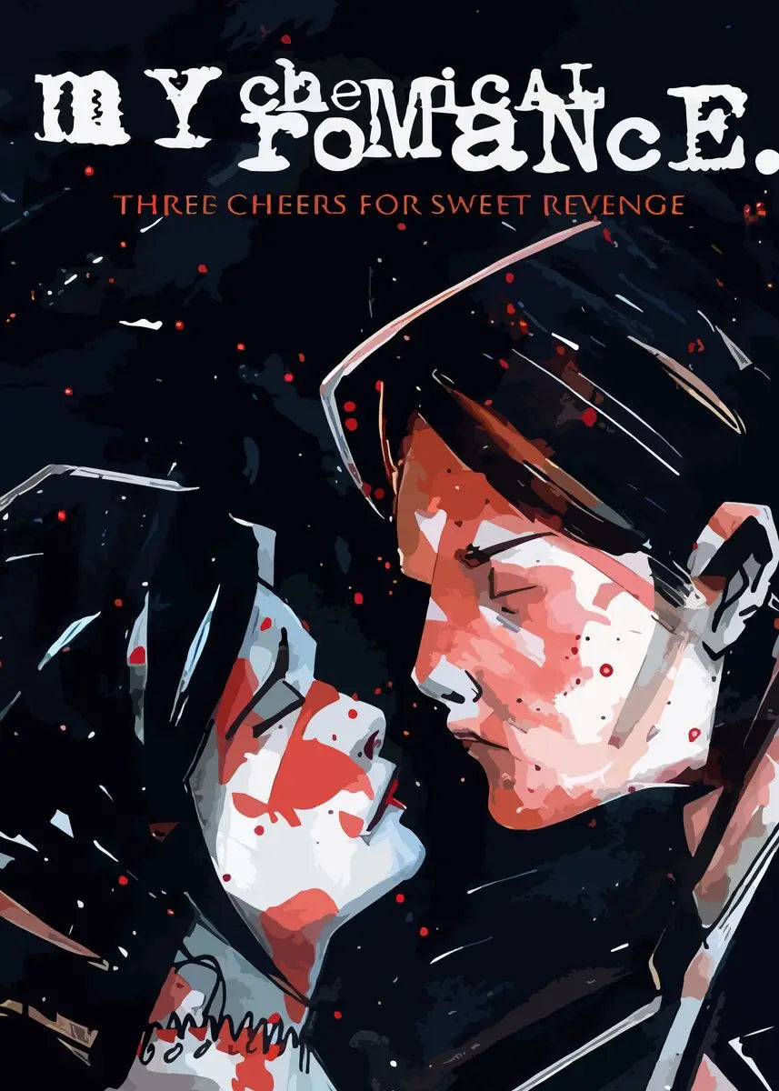 A dark, stylized illustration featuring two figures with red paint splatters, promoting My Chemical Romance and sweet revenge