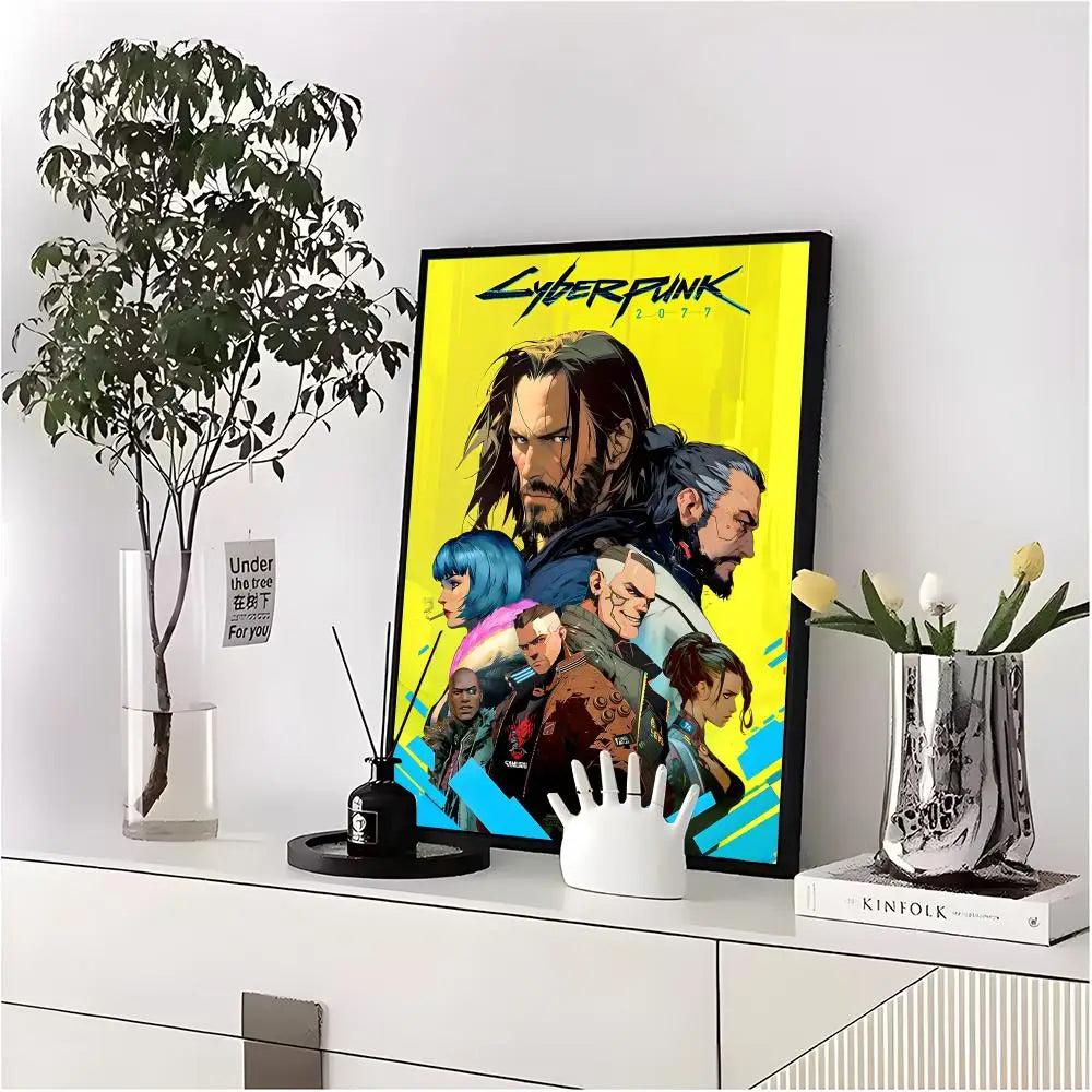 A framed poster of the Cyberpunk Edgerunners characters featuring intense facial expressions and neon yellow background.