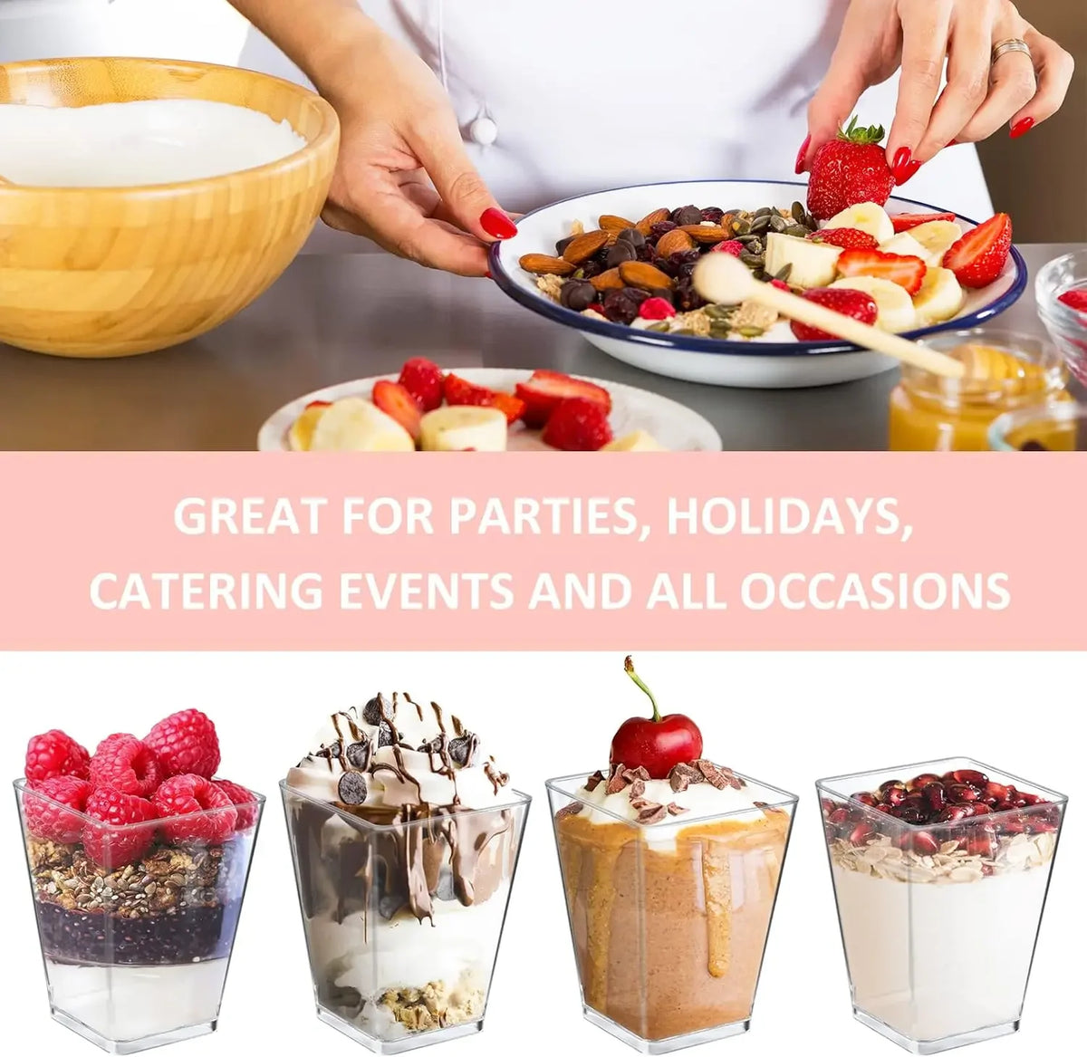 A set of six elegant mini dessert cups with spoons filled with fruit and cream