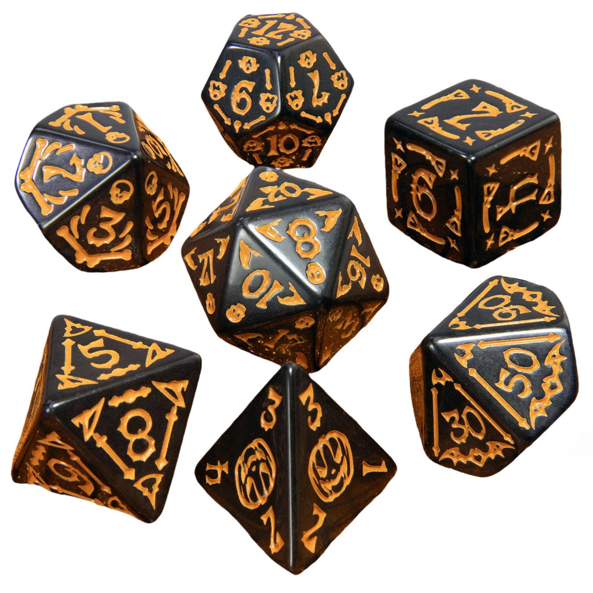 A set of seven polyhedral dice in dark wood and gold accents, displayed at various angles.
