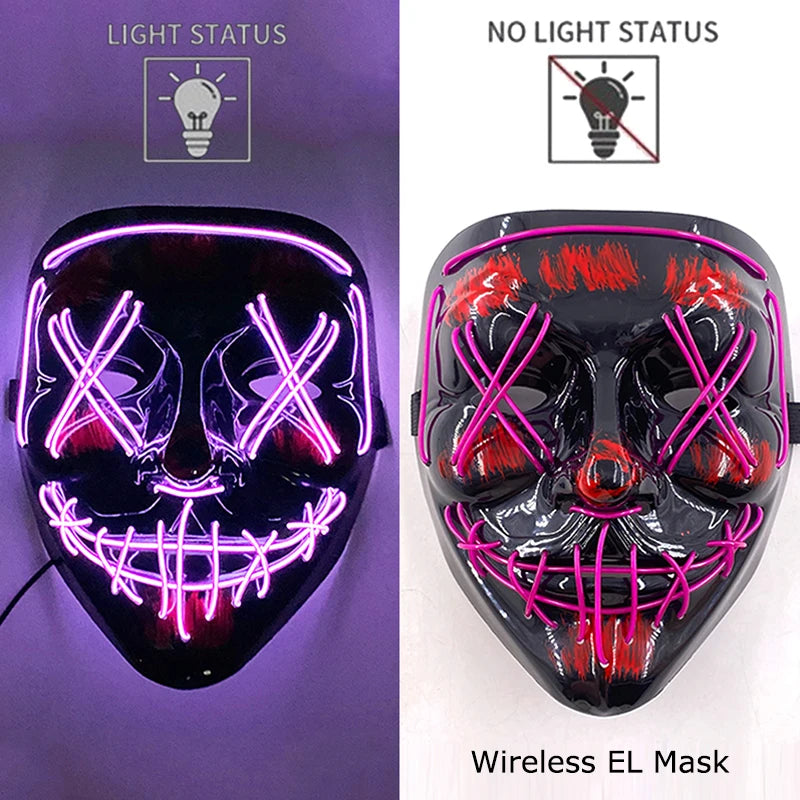 A black glowing LED mask featuring a skull design with pink and purple light patterns, shown in both lit and unlit states.
