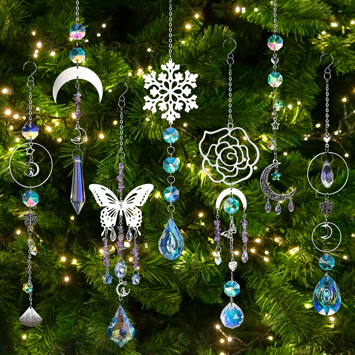 Kit de diffuseur de lumière arc-en-ciel en cristal suspendu avec des charms de lune, flocon de neige et rose sur une branche 