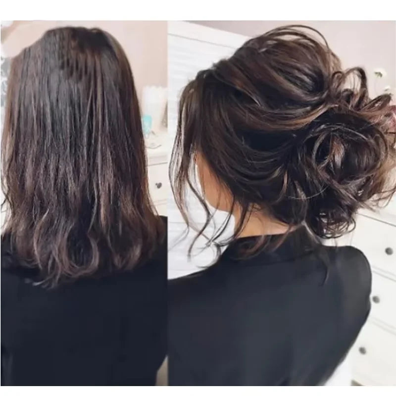 Gros plan sur les cheveux noirs d'une femme coiffés en chignon décoiffé avec des élastiques synthétiques.