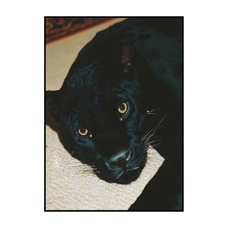 A close-up portrait of a black cat with yellow eyes resting on a light-colored fabric.