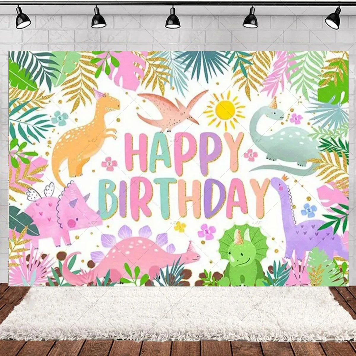 A vibrant watercolor illustration of various cartoon dinosaurs in a jungle theme for a birthday party backdrop.