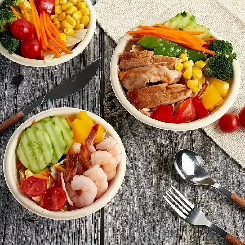 A platter of colorful food including grilled meat, vegetables, and fruit served in disposable paper bowls.