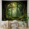 A dark, atmospheric tapestry depicting a lush green forest scene viewed through an arched window.