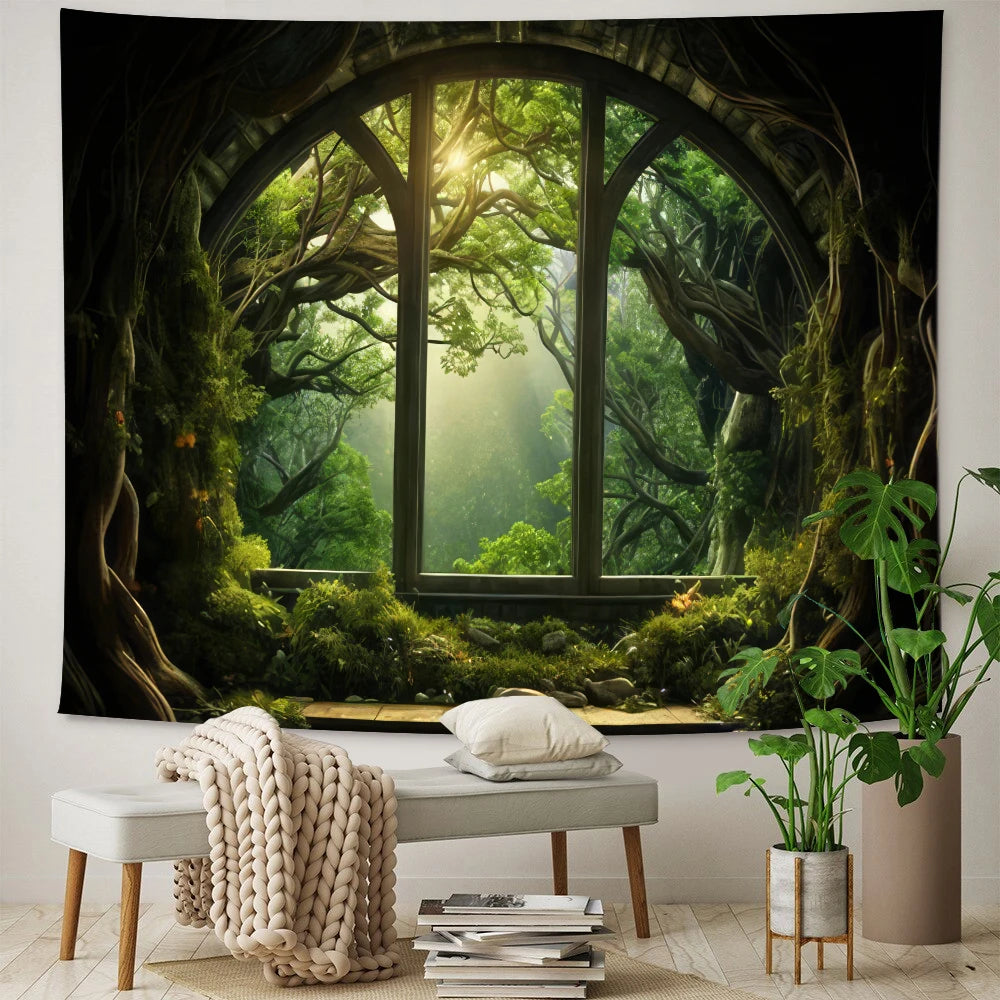 A dark, atmospheric tapestry depicting a lush green forest scene viewed through an arched window.
