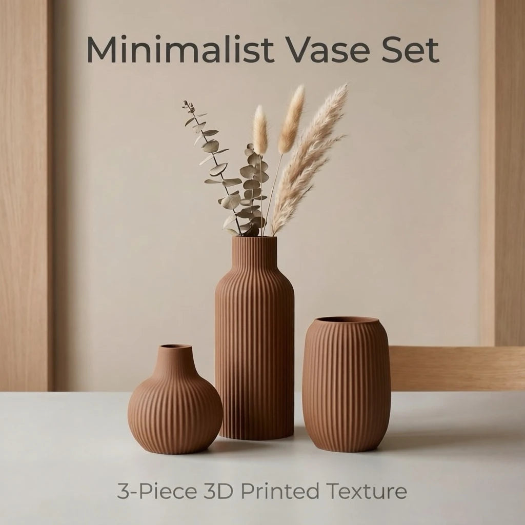 A set of three matte ceramic vases with vertical ribbed texture and dried floral stems displayed on a light surface.