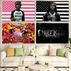 A collage of music-themed banners featuring artists like Drake and a portrait of a man with dreadlocks.