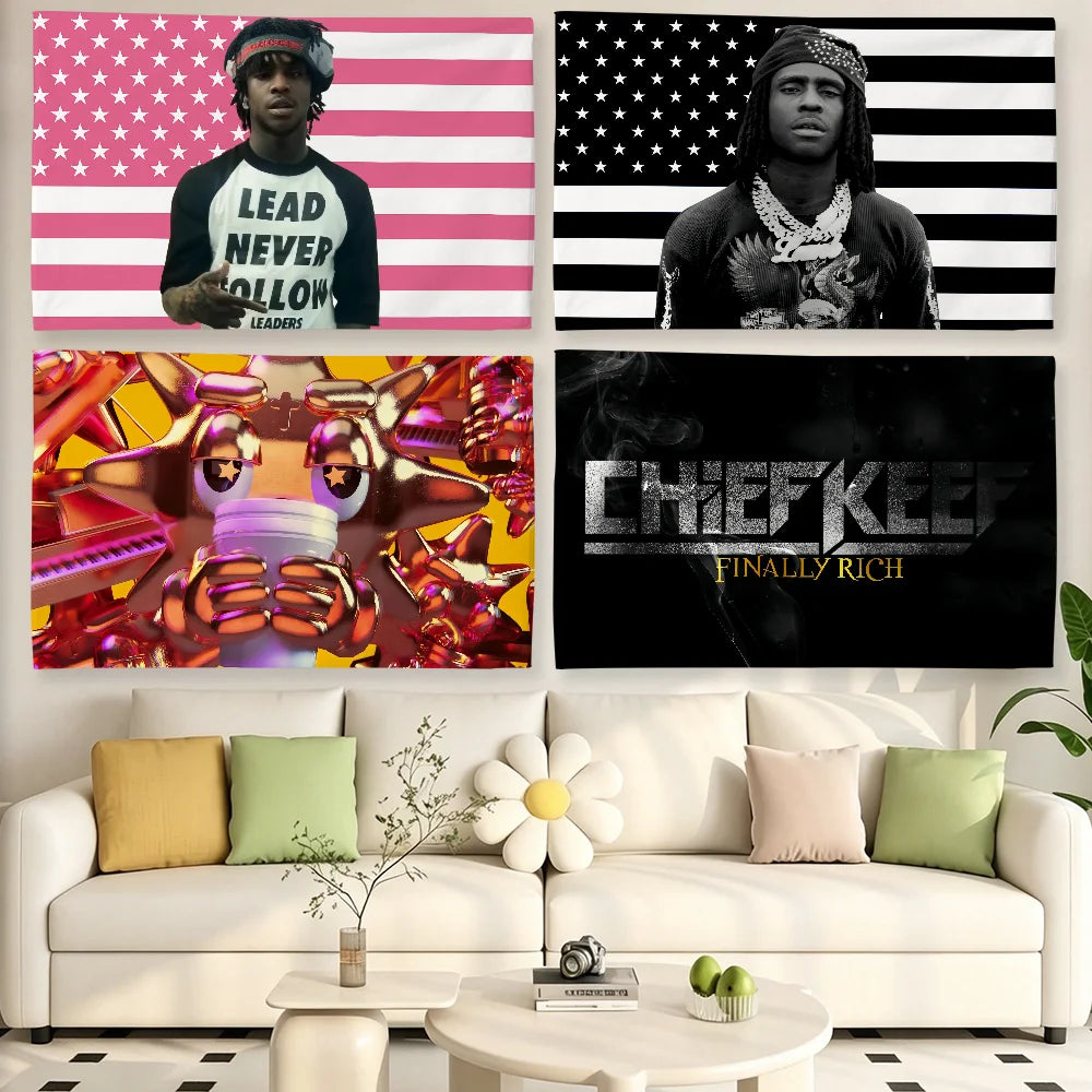A collage of music-themed banners featuring artists like Drake and a portrait of a man with dreadlocks.