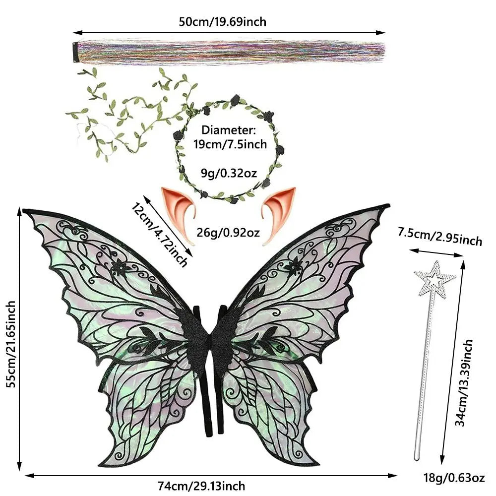 A set of sparkling fairy wings, a wand, and a floral crown displayed next to their dimensions.