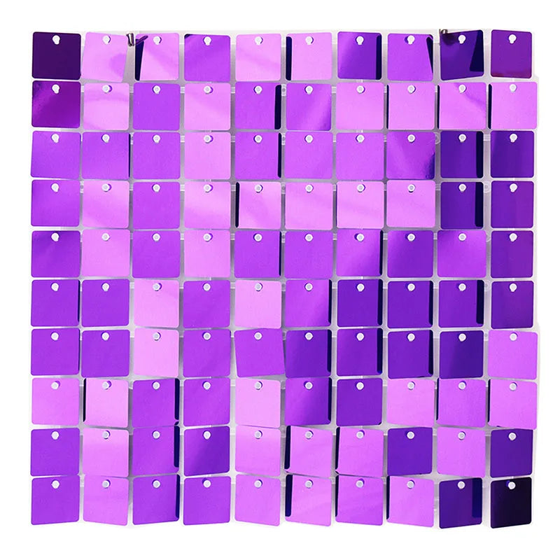 A grid of iridescent purple and violet sequin shimmer wall panels for a sparkling backdrop.