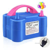 Blue electric balloon pump with a pink handle and a yellow balloon attached.