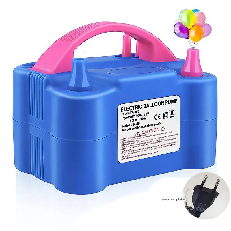 Blue electric balloon pump with a pink handle and a yellow balloon attached.
