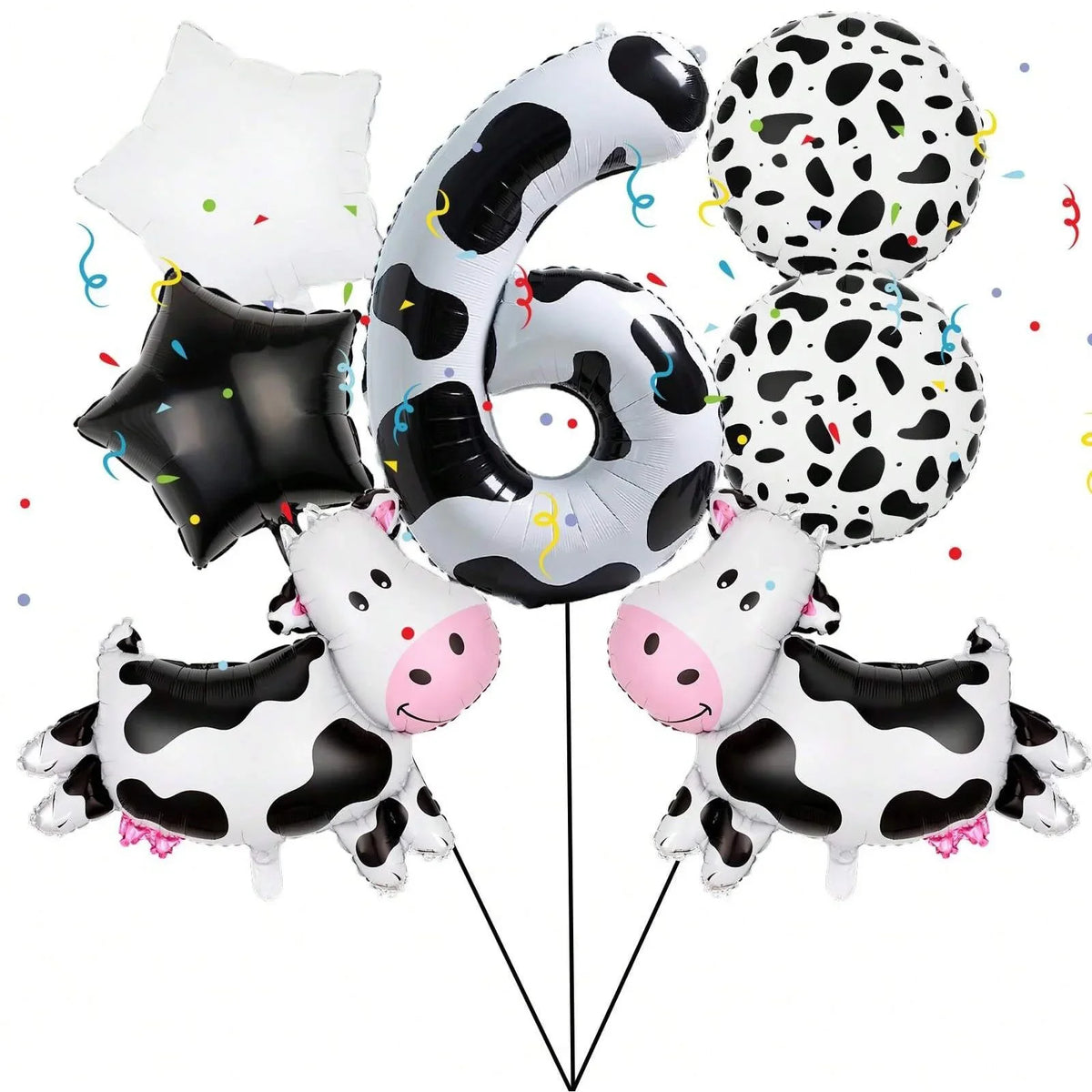 A set of black and white cow print balloons shaped like the number 6 and various other animal shapes for a party.