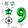 A set of football and number balloons including a soccer ball, a green balloon, and a green number nine balloon.