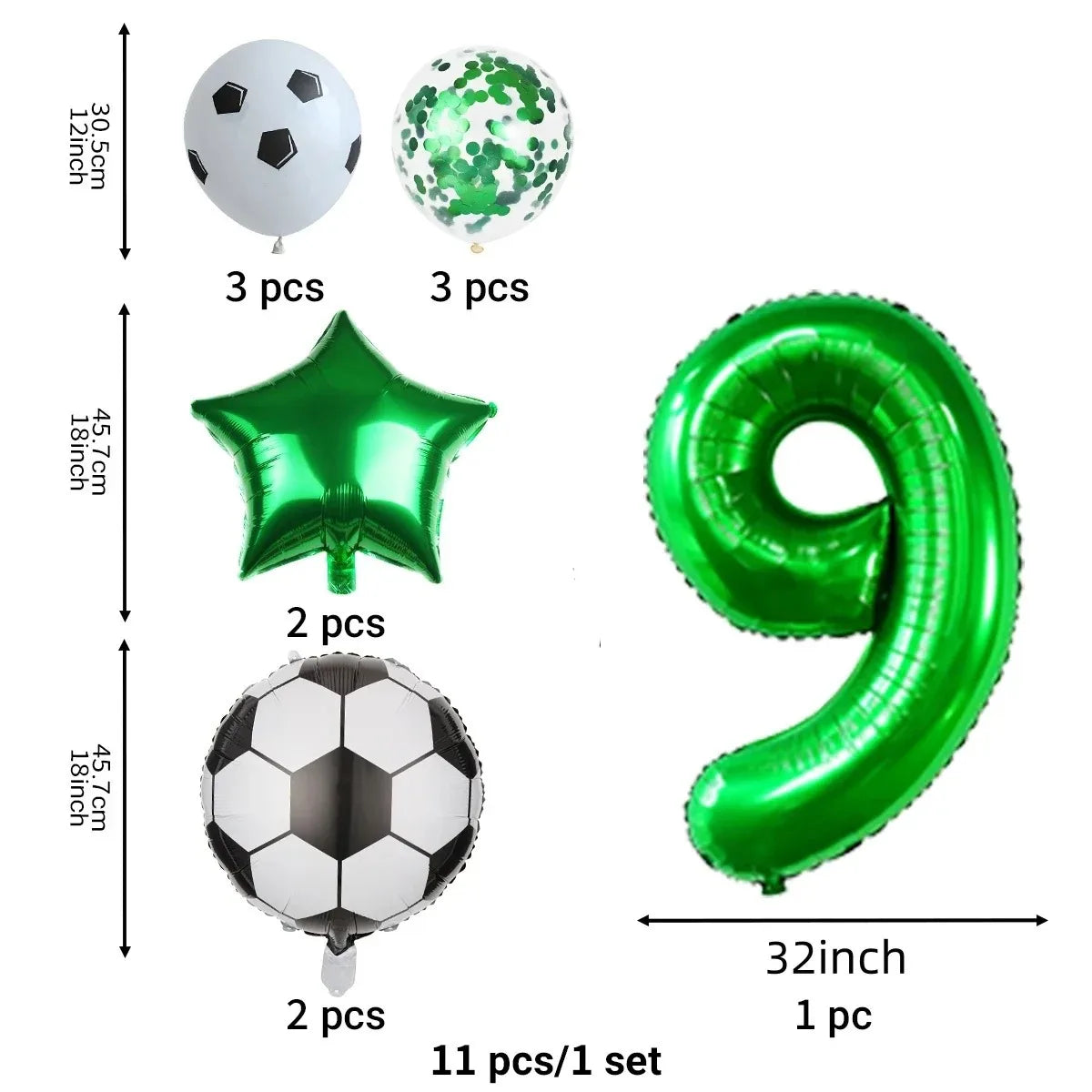 A set of football and number balloons including a soccer ball, a green balloon, and a green number nine balloon.