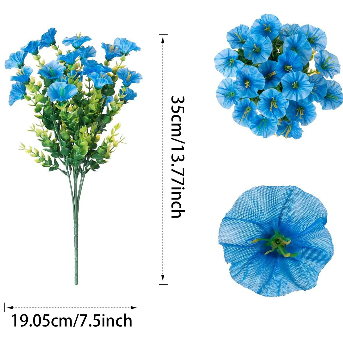 A bunch of vibrant blue artificial eucalyptus and morning glory flowers displayed with size measurements.