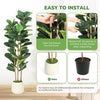 Artificial Fiddle Leaf Fig tree in a white pot shown with instructions for installation