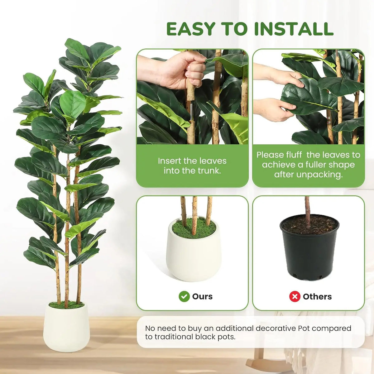 Artificial Fiddle Leaf Fig tree in a white pot shown with instructions for installation