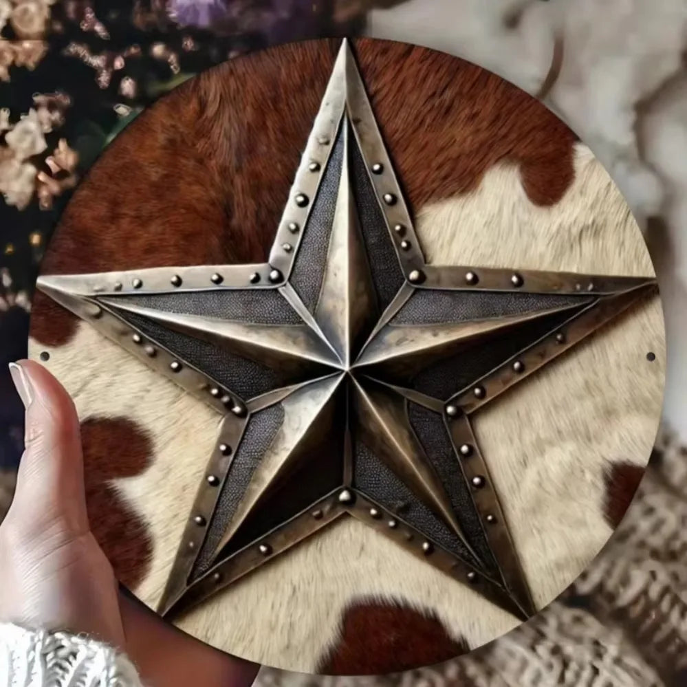 A vintage western cowboy star metal sign crafted from leather and wood, featuring a five-pointed star design.