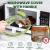 A transparent microwave cover with a handle is shown inside a microwave oven, highlighting its food grade and safety features