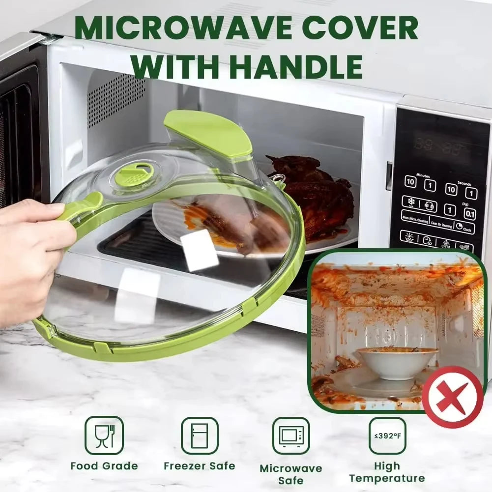 A transparent microwave cover with a handle is shown inside a microwave oven, highlighting its food grade and safety features