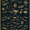 A vintage sepia-toned illustration of various scientific instruments and equipment related to the Apollo 11 mission.