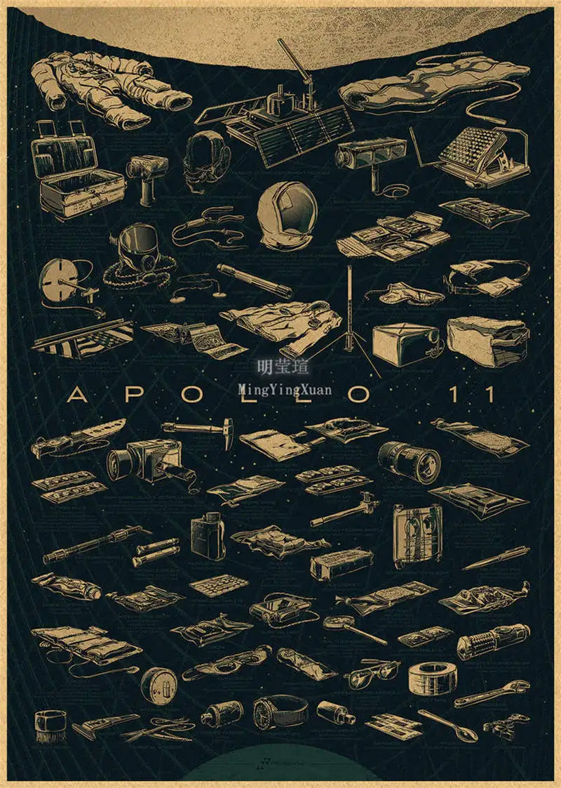 A vintage sepia-toned illustration of various scientific instruments and equipment related to the Apollo 11 mission.