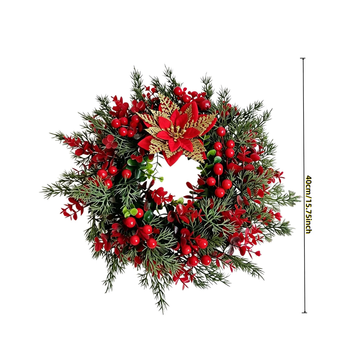 Artificial pine and eucalyptus wreath decorated with red berries and a large red bow