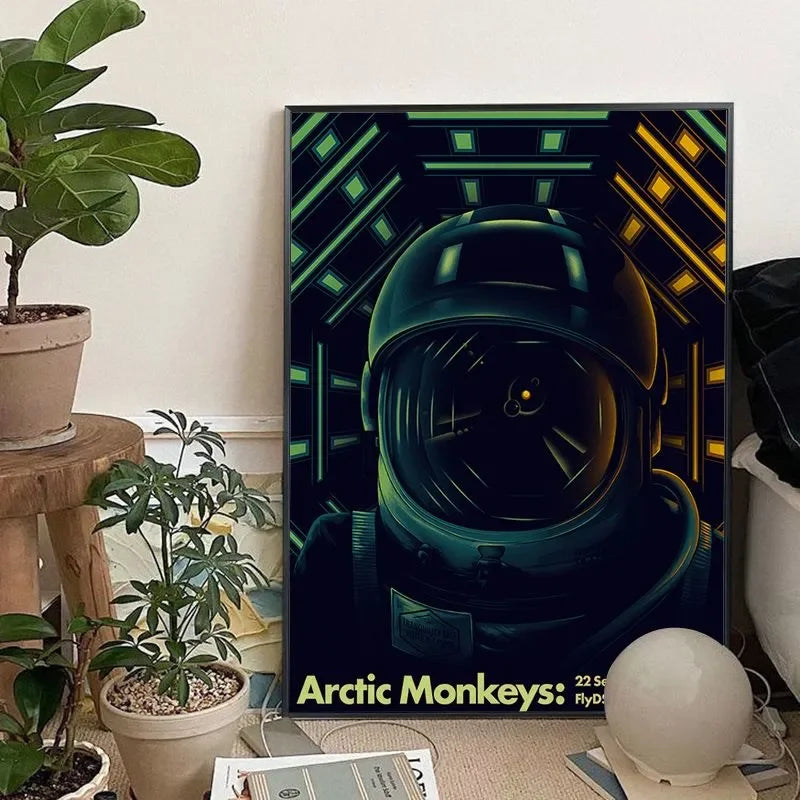 Canvas art print featuring a stylized portrait of the Arctic Monkeys band in a dark, neon-lit design.