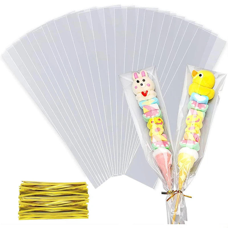 Clear cellophane gift bags filled with colorful candies and party favors
