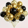 A bouquet of black and gold confetti balloons in various sizes and shades.