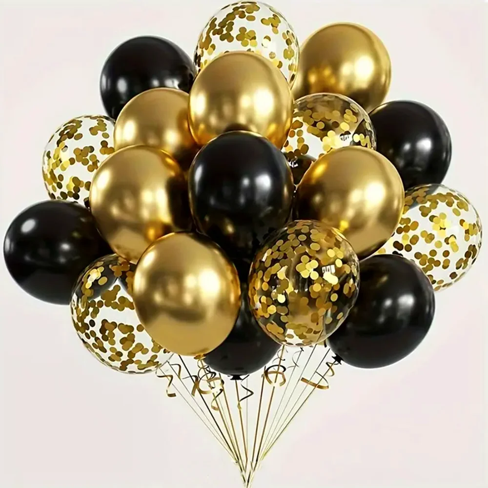 A bouquet of black and gold confetti balloons in various sizes and shades.