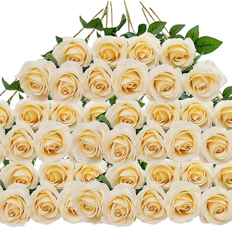A bouquet of 50 cream colored velvet artificial roses for weddings and home décor.