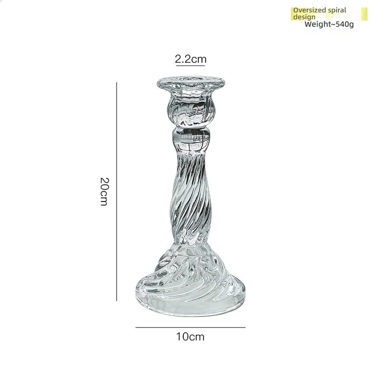Elegant clear glass pillar candle holder with an oversized spiral design, measuring 20cm tall.