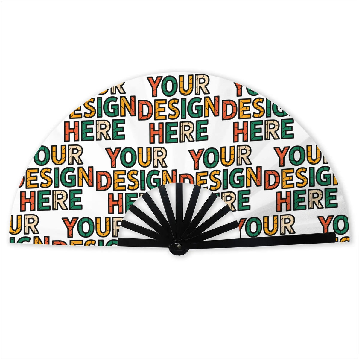 A white polyester folding hand fan with colorful text designs on the surface.