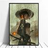 A painting of a female samurai with a wide straw hat and a sword against a muted, earthy background.