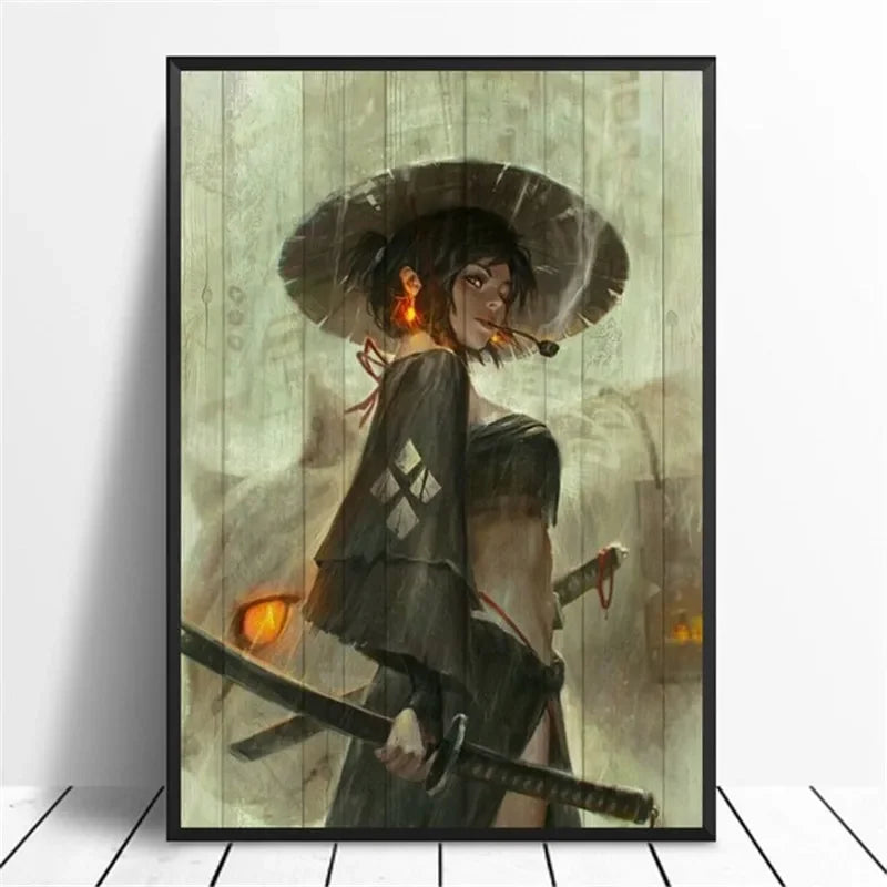 A painting of a female samurai with a wide straw hat and a sword against a muted, earthy background.