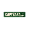Vintage metal wall sign with the word CAPYBARA and below it BLVD on a distressed green background.