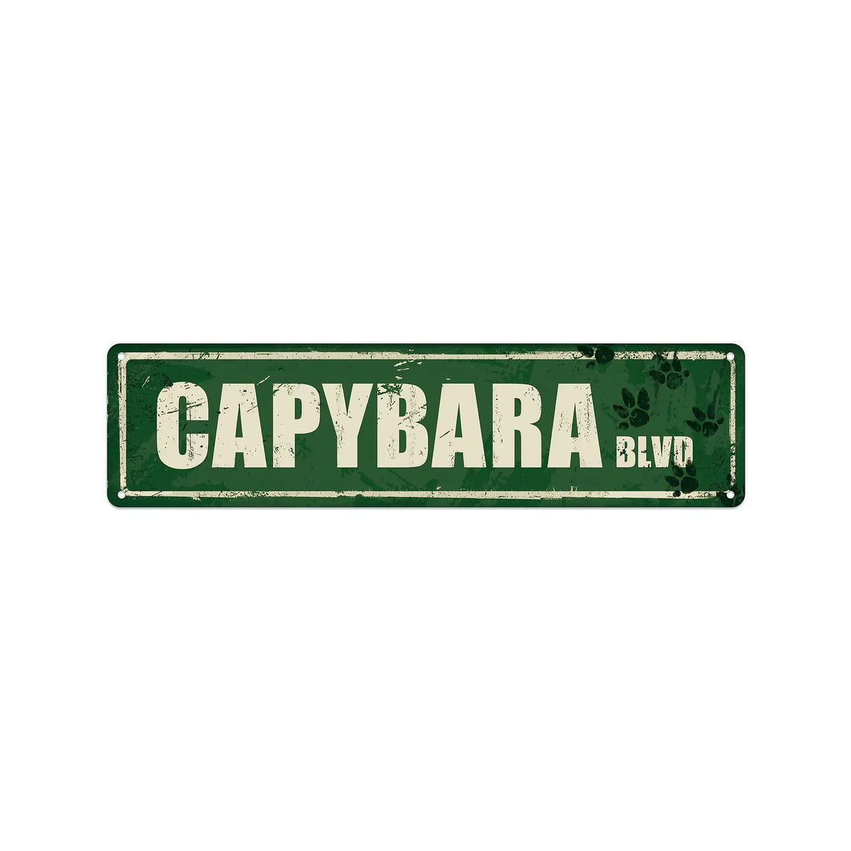 Vintage metal wall sign with the word CAPYBARA and below it BLVD on a distressed green background.